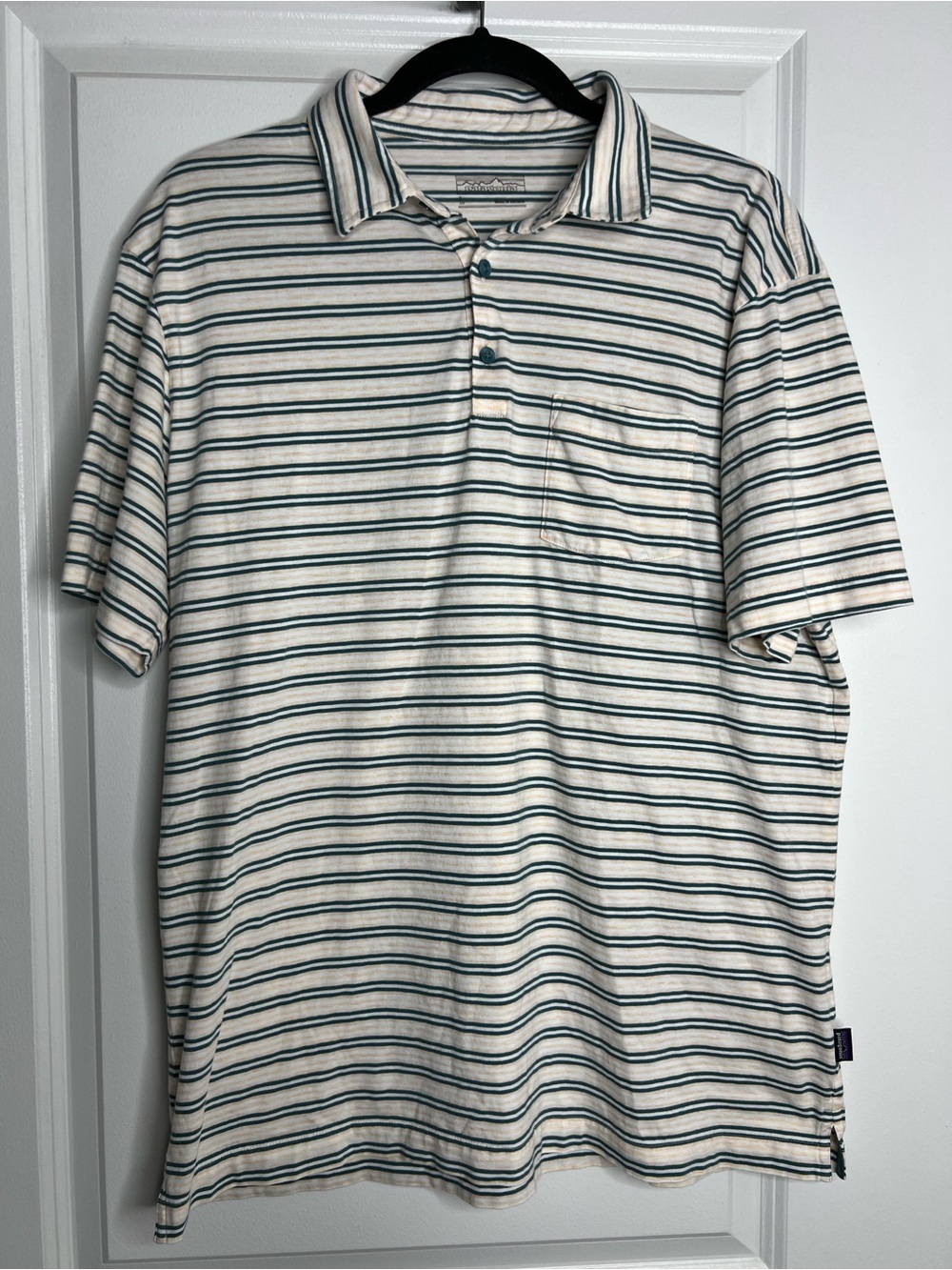 Patagonia Men's Green & Yellow Striped Polo Shirt Large 100% Organic Cotton